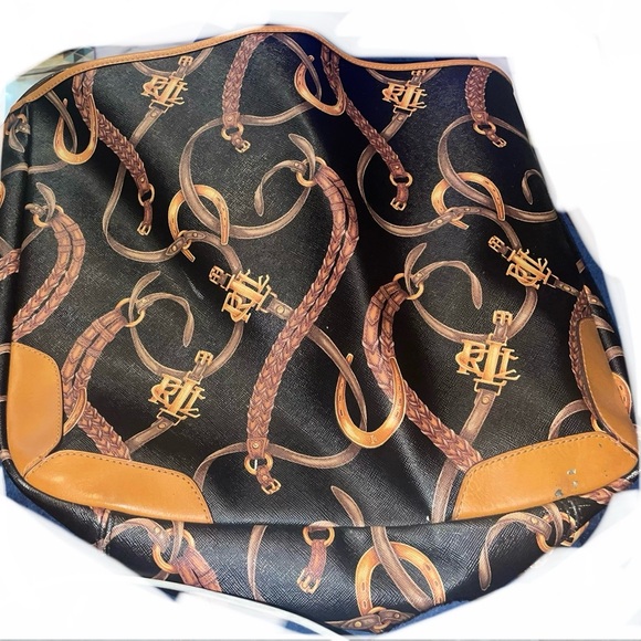 Ralph Lauren Black/Brown Equestrian Print PVC And Leather Shopper Tote - Picture 9 of 9